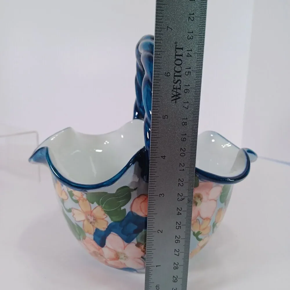 Ruffled Ceramic Basket Handcrafted Blue White Pink Floral Twisted Handle